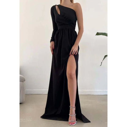 NumberSea - A - line One Shoulder Waist Long Sleeves Slit Prom Party Dress Open Back