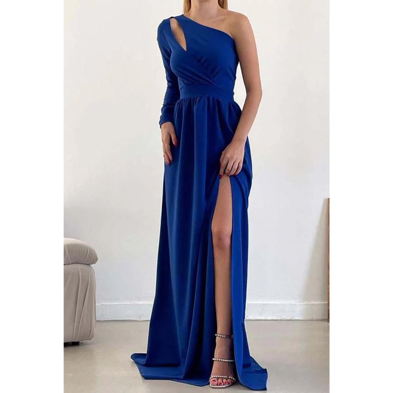 NumberSea - A - line One Shoulder Waist Long Sleeves Slit Prom Party Dress Open Back