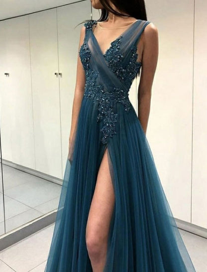 NumberSea - A - Line Open Back Prom Formal Evening Dress Plunging Neck Sleeveless Floor Length Tulle with Beading Appliques Split Front