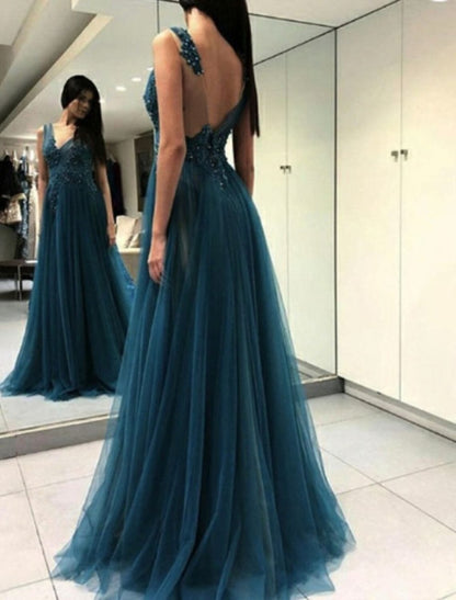 NumberSea - A - Line Open Back Prom Formal Evening Dress Plunging Neck Sleeveless Floor Length Tulle with Beading Appliques Split Front