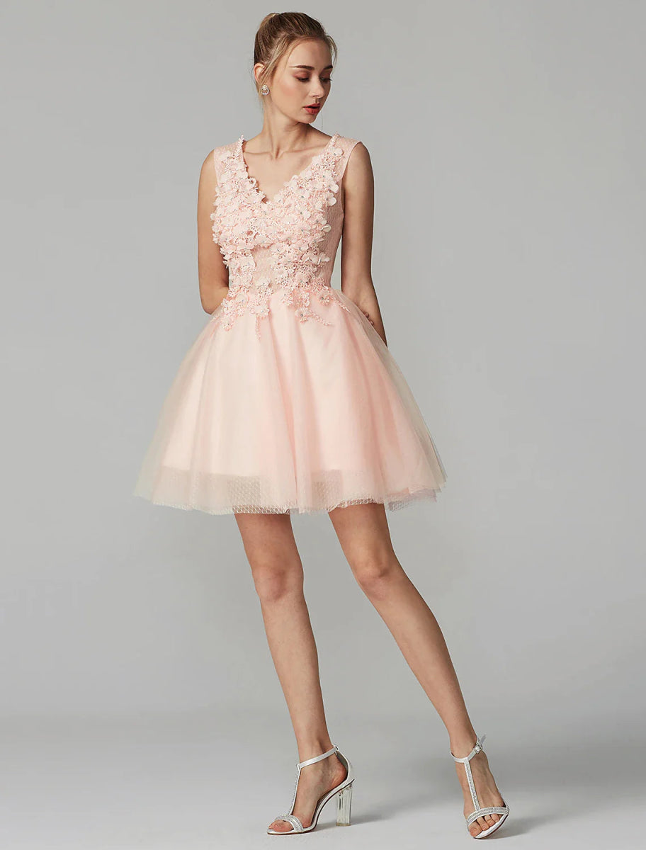 NumberSea - A - Line Party Dress Homecoming Graduation Short / Mini Sleeveless V Neck Lace Over Tulle with Crystals Appliques