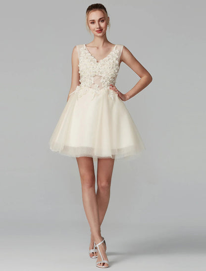 NumberSea - A - Line Party Dress Homecoming Graduation Short / Mini Sleeveless V Neck Lace Over Tulle with Crystals Appliques