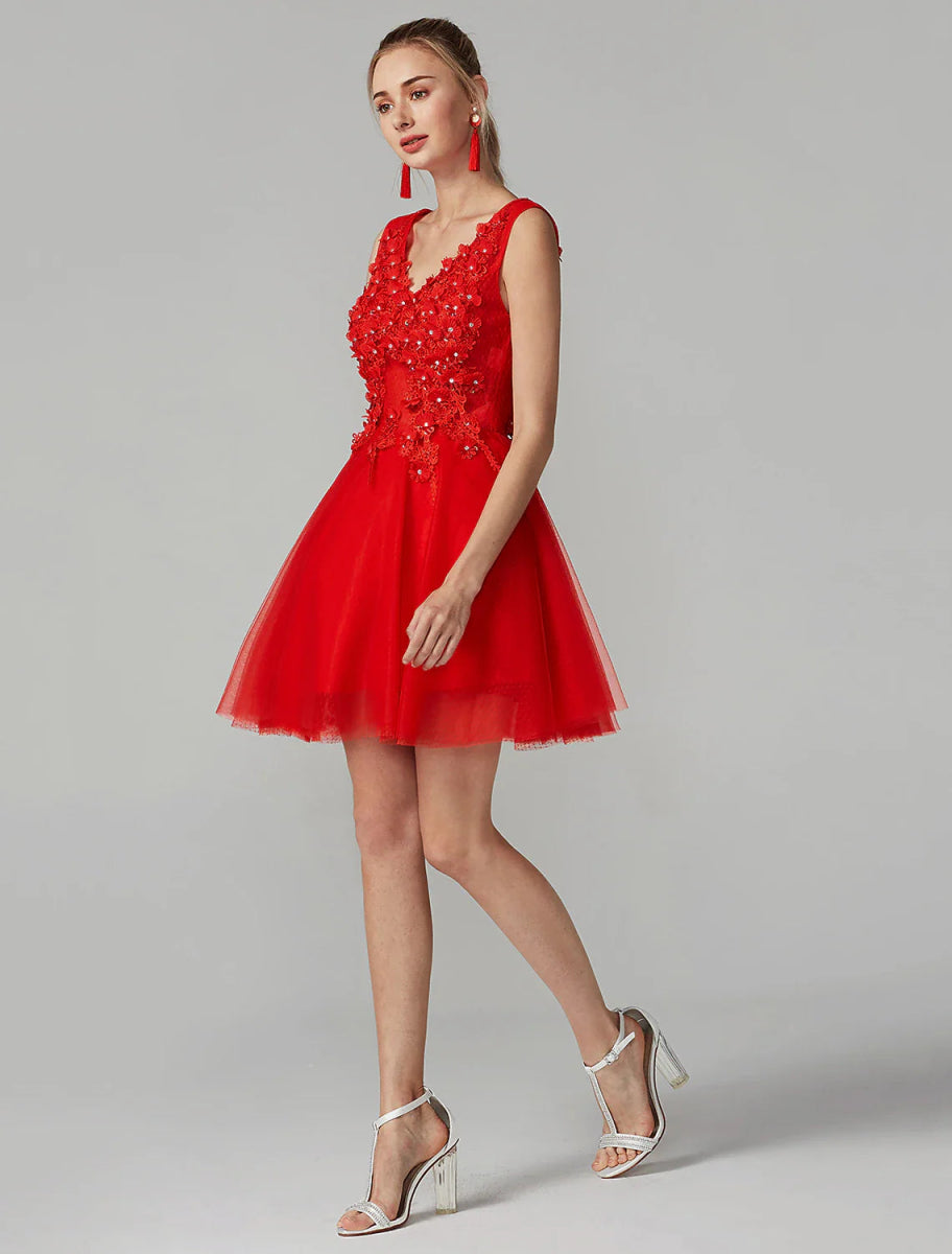 NumberSea - A - Line Party Dress Homecoming Graduation Short / Mini Sleeveless V Neck Lace Over Tulle with Crystals Appliques