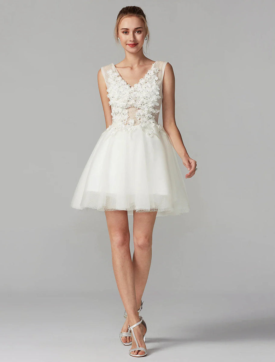 NumberSea - A - Line Party Dress Homecoming Graduation Short / Mini Sleeveless V Neck Lace Over Tulle with Crystals Appliques