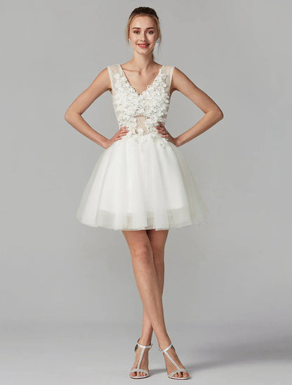 NumberSea - A - Line Party Dress Homecoming Graduation Short / Mini Sleeveless V Neck Lace Over Tulle with Crystals Appliques