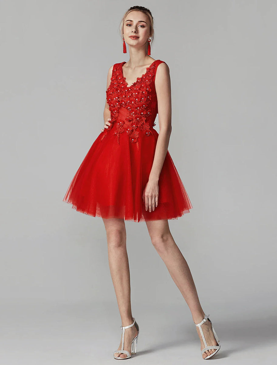 NumberSea - A - Line Party Dress Homecoming Graduation Short / Mini Sleeveless V Neck Lace Over Tulle with Crystals Appliques