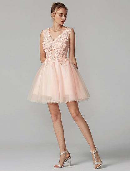 NumberSea - A - Line Party Dress Homecoming Short / Mini Sleeveless V Neck Lace Over Tulle with Crystals Appliques