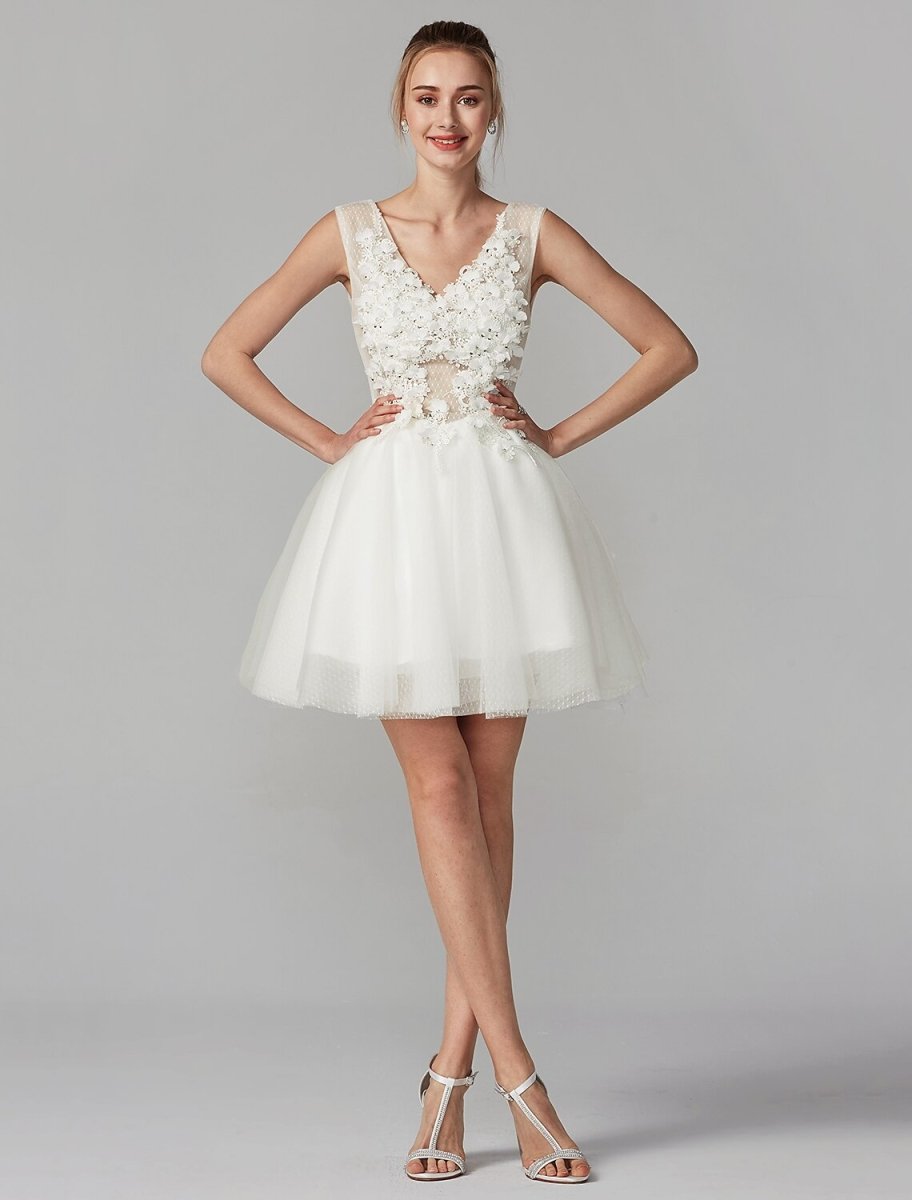 NumberSea - A - Line Party Dress Homecoming Short / Mini Sleeveless V Neck Lace Over Tulle with Crystals Appliques