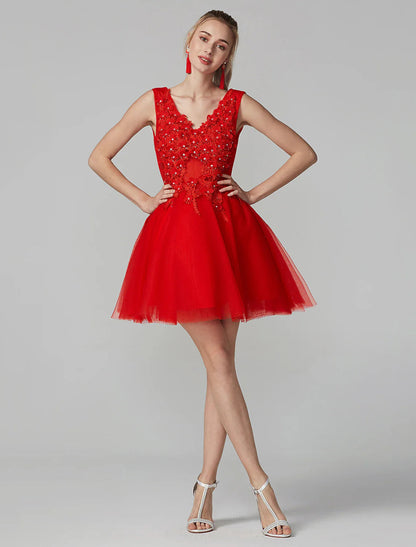 NumberSea - A - Line Party Dress Homecoming Short / Mini Sleeveless V Neck Lace Over Tulle with Crystals Appliques