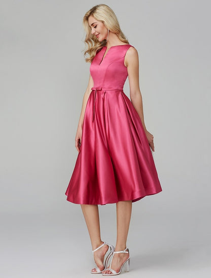 NumberSea - A - Line Party Dress Wedding Guest Cocktail Party Knee Length Sleeveless V Wire Pink Dress Satin with Sash / Ribbon