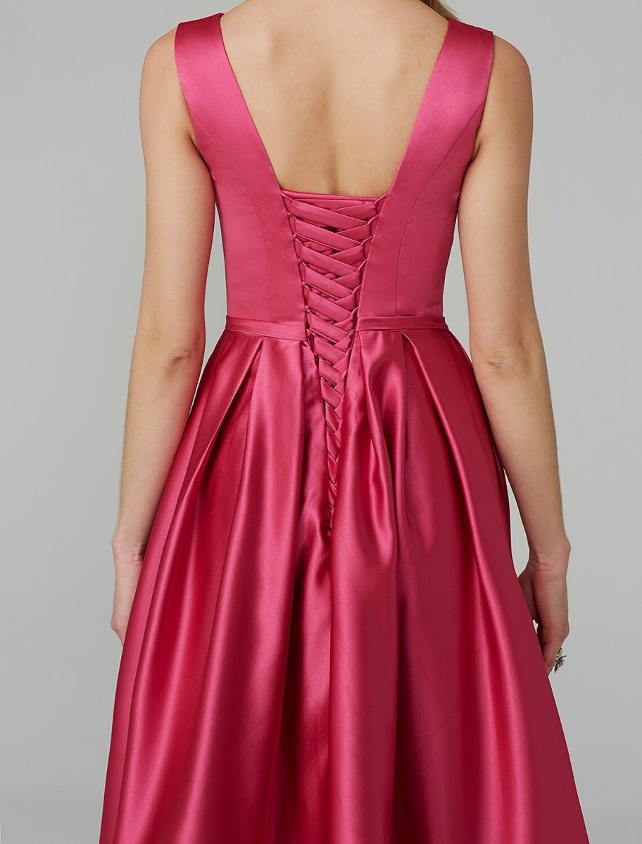 NumberSea - A - Line Party Dress Wedding Guest Cocktail Party Knee Length Sleeveless V Wire Pink Dress Satin with Sash / Ribbon