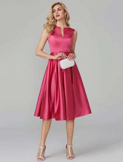 NumberSea - A - Line Party Dress Wedding Guest Cocktail Party Knee Length Sleeveless V Wire Pink Dress Satin with Sash / Ribbon