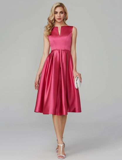 NumberSea - A - Line Party Dress Wedding Guest Cocktail Party Knee Length Sleeveless V Wire Pink Dress Satin with Sash / Ribbon