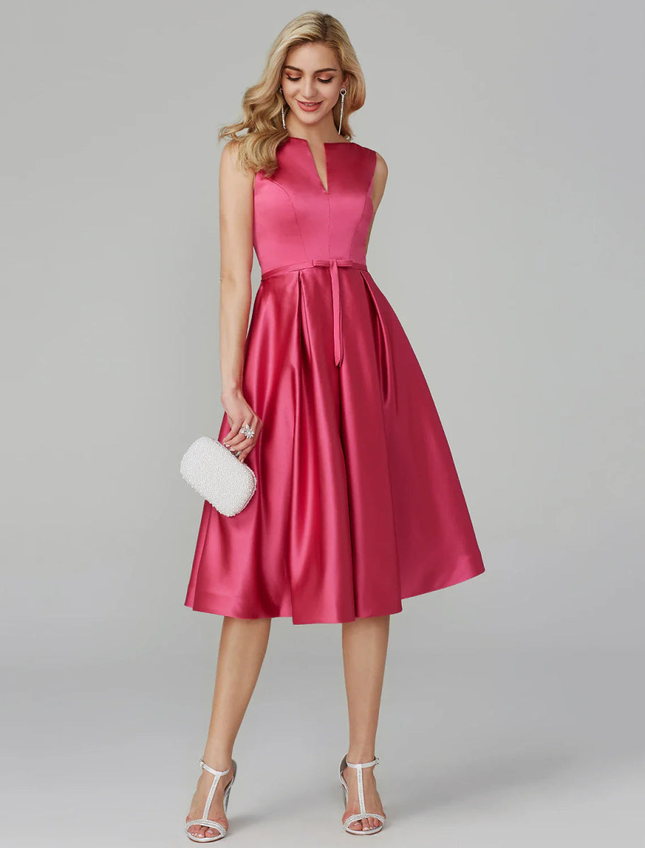 NumberSea - A - Line Party Dress Wedding Guest Cocktail Party Knee Length Sleeveless V Wire Pink Dress Satin with Sash / Ribbon