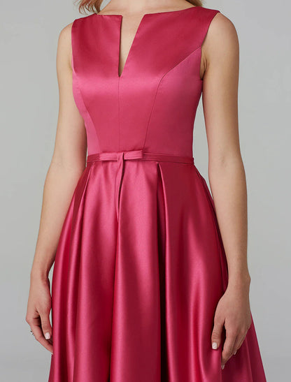 NumberSea - A - Line Party Dress Wedding Guest Cocktail Party Knee Length Sleeveless V Wire Pink Dress Satin with Sash / Ribbon