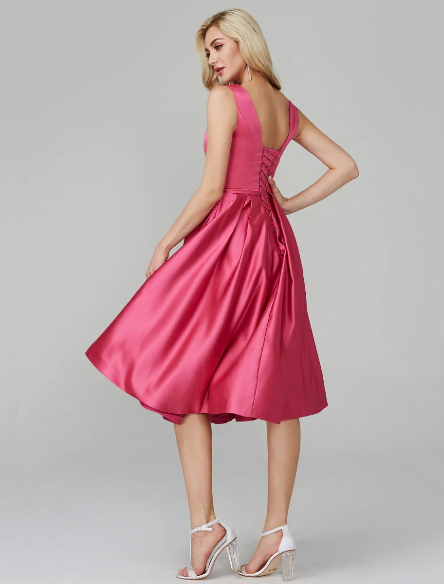 NumberSea - A - Line Party Dress Wedding Guest Cocktail Party Knee Length Sleeveless V Wire Pink Dress Satin with Sash / Ribbon