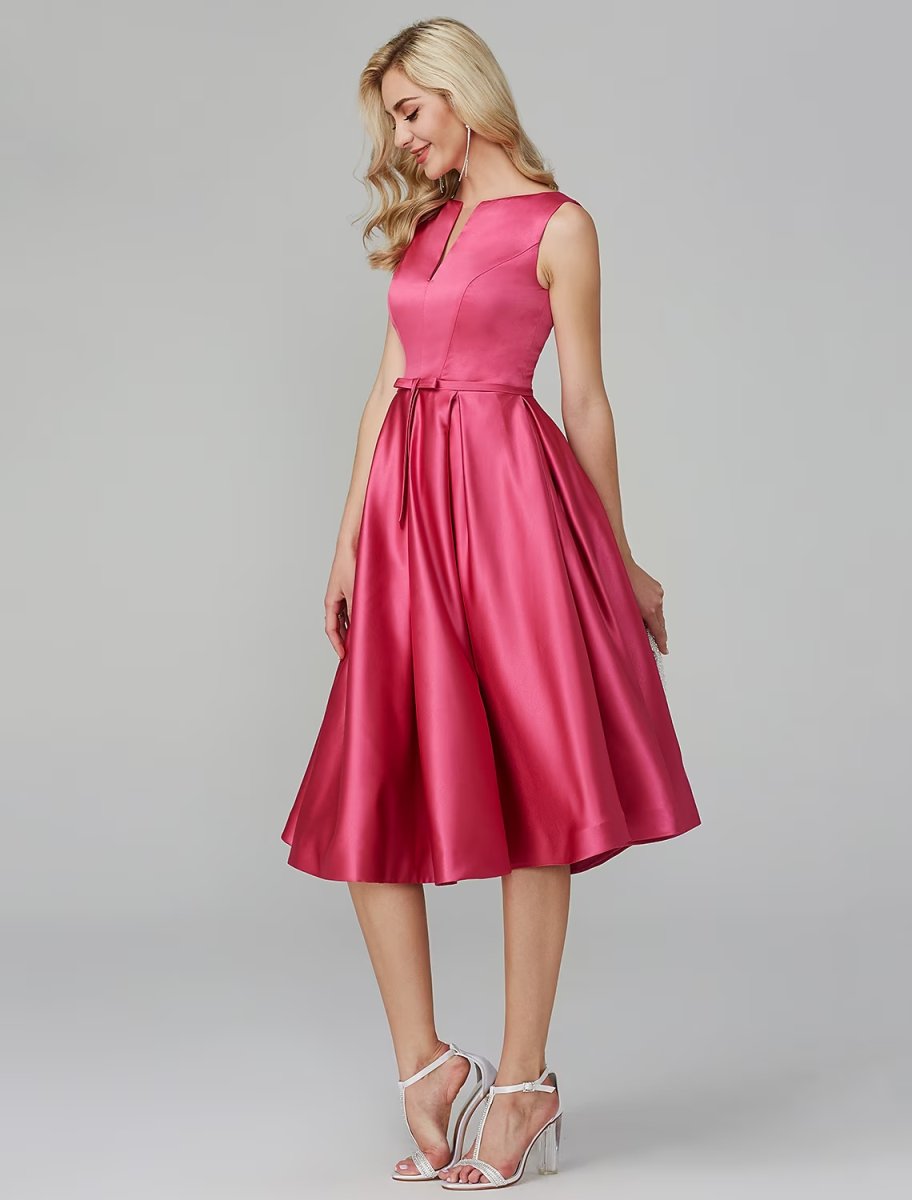 NumberSea - A - Line Party Dress Wedding Guest Knee Length Sleeveless V Wire Satin with Sash / Ribbon