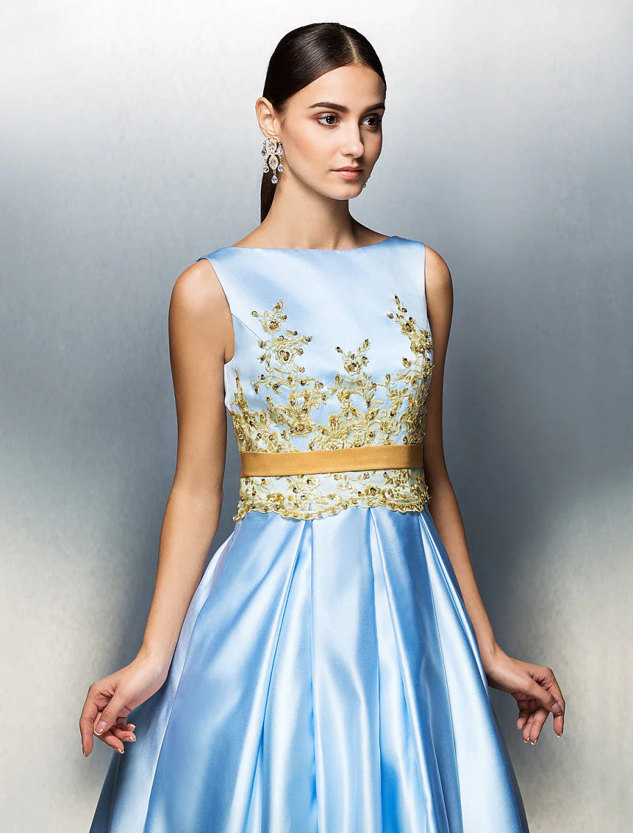 NumberSea - A - Line Party Dress Wedding Guest Tea Length Sleeveless Jewel Neck Satin V Back with Pleats Appliques