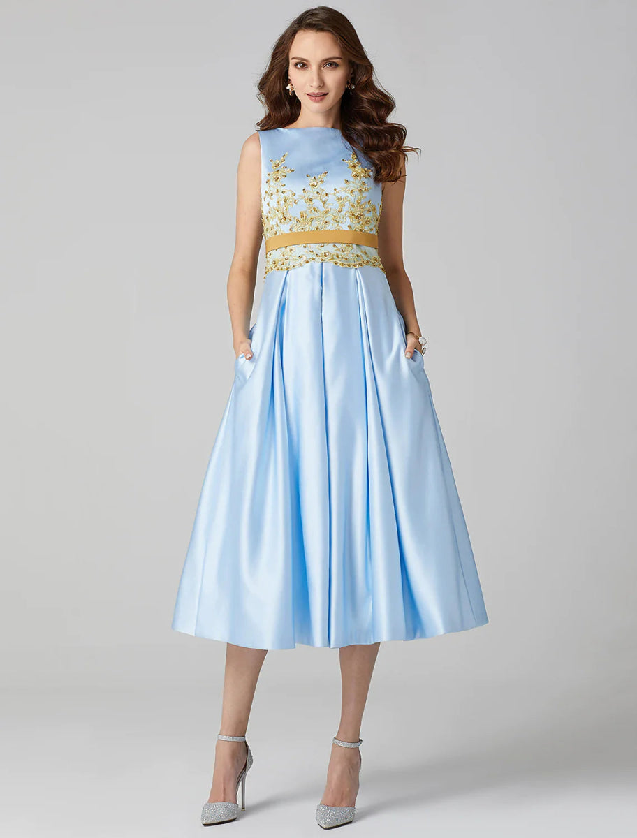 NumberSea - A - Line Party Dress Wedding Guest Tea Length Sleeveless Jewel Neck Satin V Back with Pleats Appliques