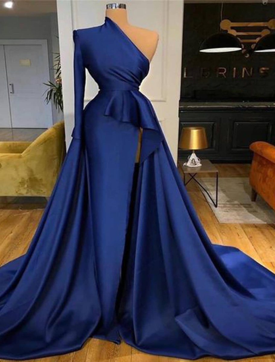 NumberSea - A - Line Peplum Sexy Wedding Guest Formal Evening Dress One Shoulder Long Sleeve Court Train Satin with Ruffles Slit