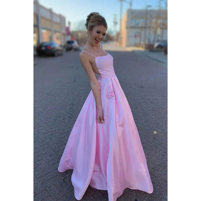 NumberSea - A - line Pink Satin Spaghetti Straps Scoop Long Prom Dress with Pockets