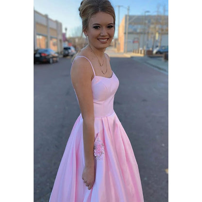 NumberSea - A - line Pink Satin Spaghetti Straps Scoop Long Prom Dress with Pockets