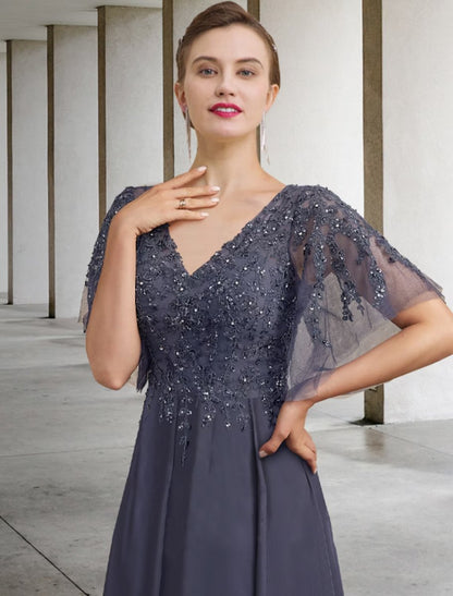 NumberSea - A - Line Plus Size Curve Mother of the Bride Dress Elegant Jewel Neck Ankle Length Chiffon Lace Short Sleeve with Beading Sequin Appliques