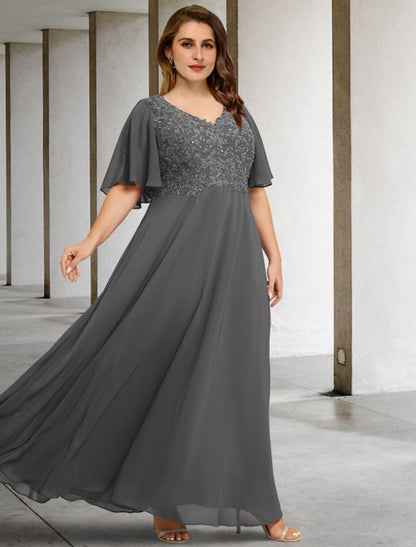 NumberSea - A - Line Plus Size Curve Mother of the Bride Dresses Elegant Dress Formal Floor Length Short Sleeve V Neck Chiffon with Pleats Appliques