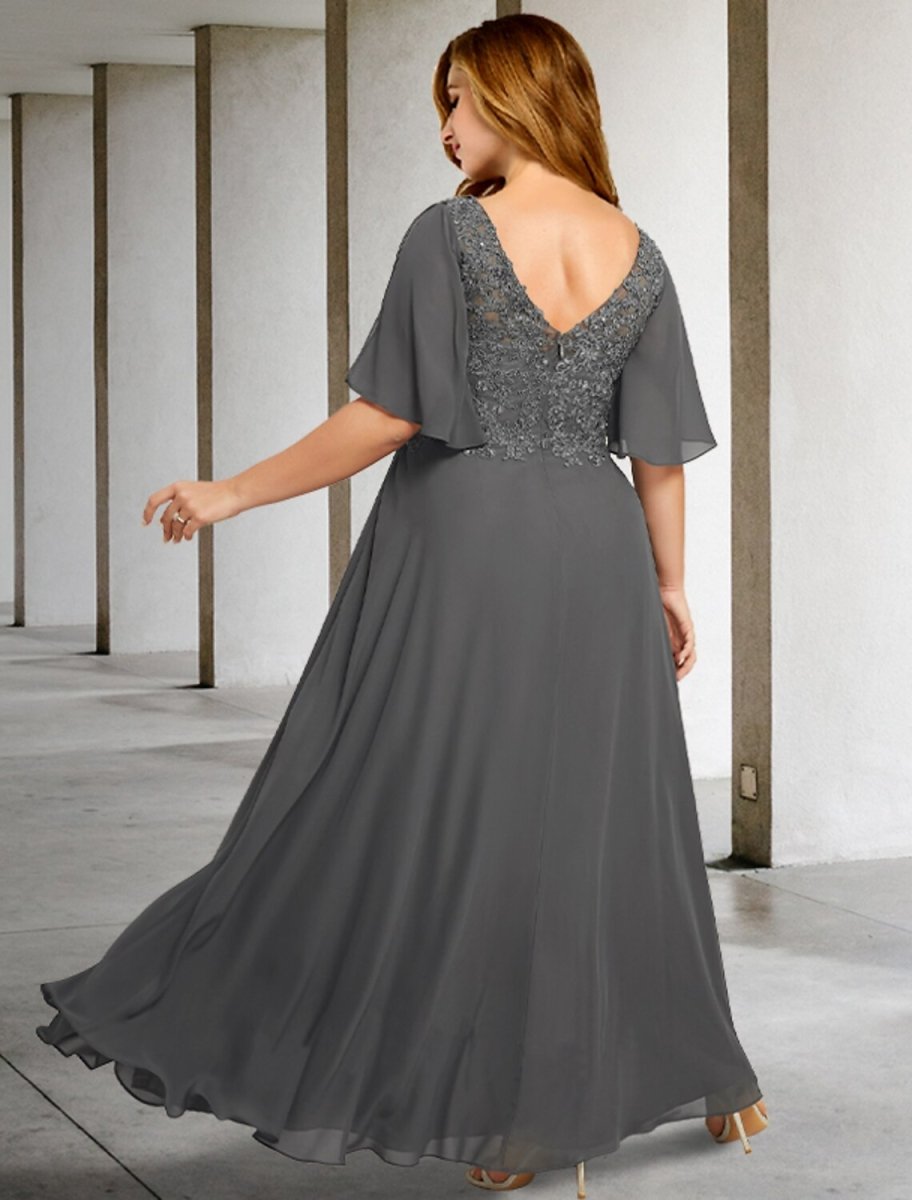 NumberSea - A - Line Plus Size Curve Mother of the Bride Dresses Elegant Dress Formal Floor Length Short Sleeve V Neck Chiffon with Pleats Appliques