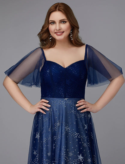 NumberSea - A - Line Plus Size Dress Prom Floor Length Short Sleeve Sweetheart Tulle Lace - up with Beading Pattern / Print