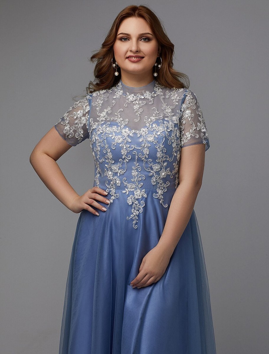 NumberSea - A - Line Plus Size Dress Wedding Guest Floor Length Short Sleeve High Neck Lace Lace - up with Appliques