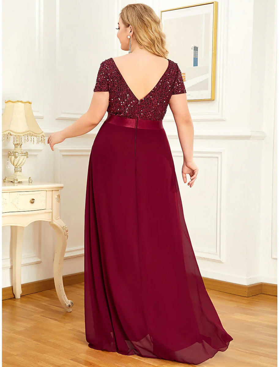 NumberSea - A - Line Plus Size Elegant Homecoming Formal Evening Dress Jewel Neck Short Sleeve Asymmetrical Chiffon with Sequin