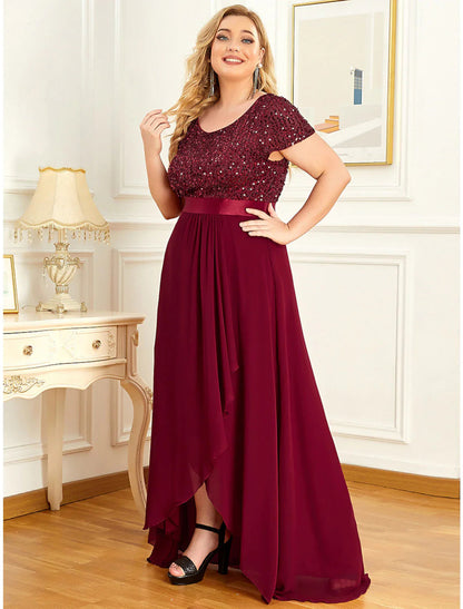 NumberSea - A - Line Plus Size Elegant Homecoming Formal Evening Dress Jewel Neck Short Sleeve Asymmetrical Chiffon with Sequin