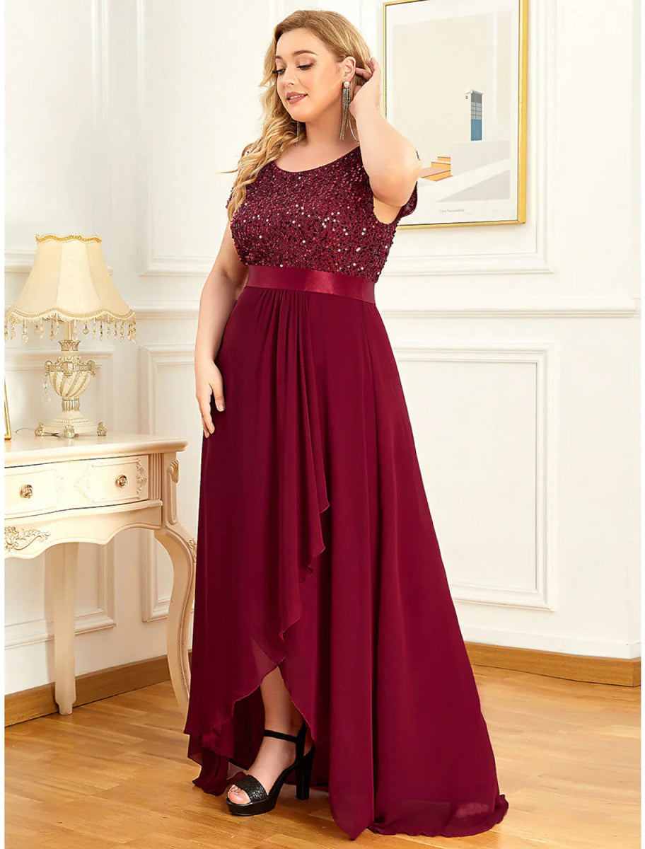 NumberSea - A - Line Plus Size Elegant Homecoming Formal Evening Dress Jewel Neck Short Sleeve Asymmetrical Chiffon with Sequin