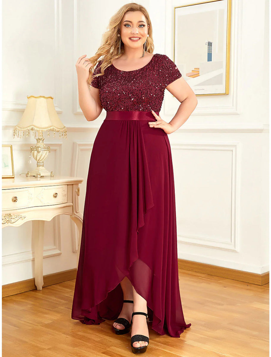 NumberSea - A - Line Plus Size Elegant Homecoming Formal Evening Dress Jewel Neck Short Sleeve Asymmetrical Chiffon with Sequin