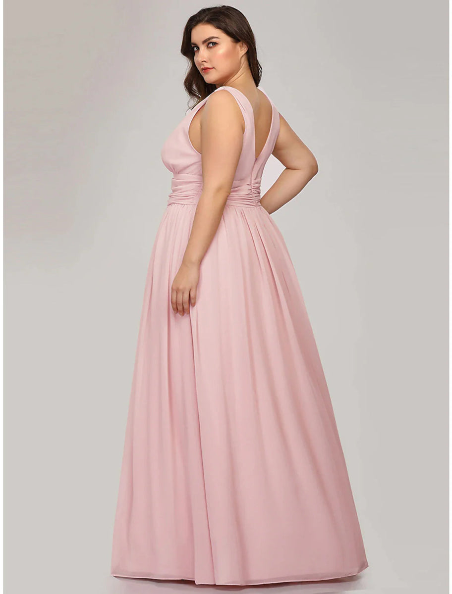 NumberSea - A - Line Plus Size Wedding Guest Formal Evening Dress V Neck V Back Sleeveless Floor Length Chiffon with Pleats