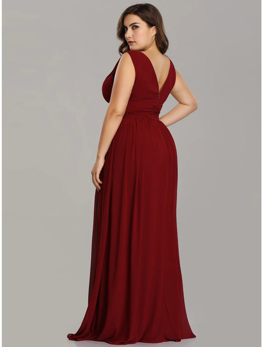 NumberSea - A - Line Plus Size Wedding Guest Formal Evening Dress V Neck V Back Sleeveless Floor Length Chiffon with Pleats