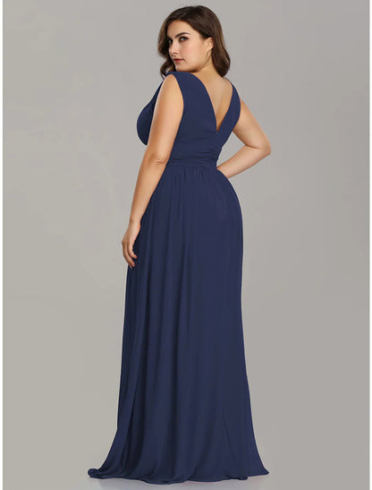 NumberSea - A - Line Plus Size Wedding Guest Formal Evening Dress V Neck V Back Sleeveless Floor Length Chiffon with Pleats