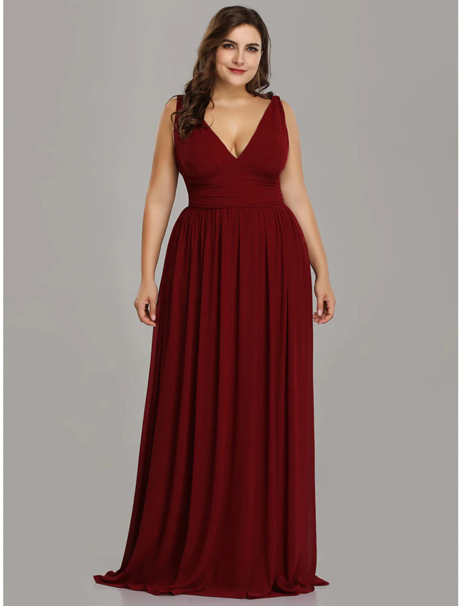 NumberSea - A - Line Plus Size Wedding Guest Formal Evening Dress V Neck V Back Sleeveless Floor Length Chiffon with Pleats