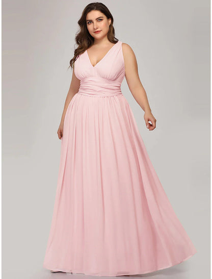 NumberSea - A - Line Plus Size Wedding Guest Formal Evening Dress V Neck V Back Sleeveless Floor Length Chiffon with Pleats