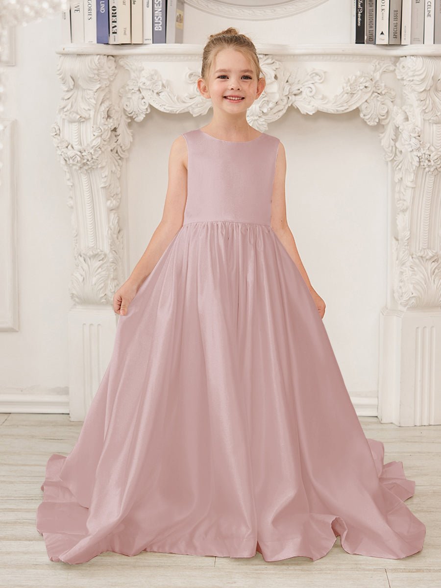 NumberSea - A - Line Princess Sleeveless Satin Flower Girl Dress with Sweep Train and Bow