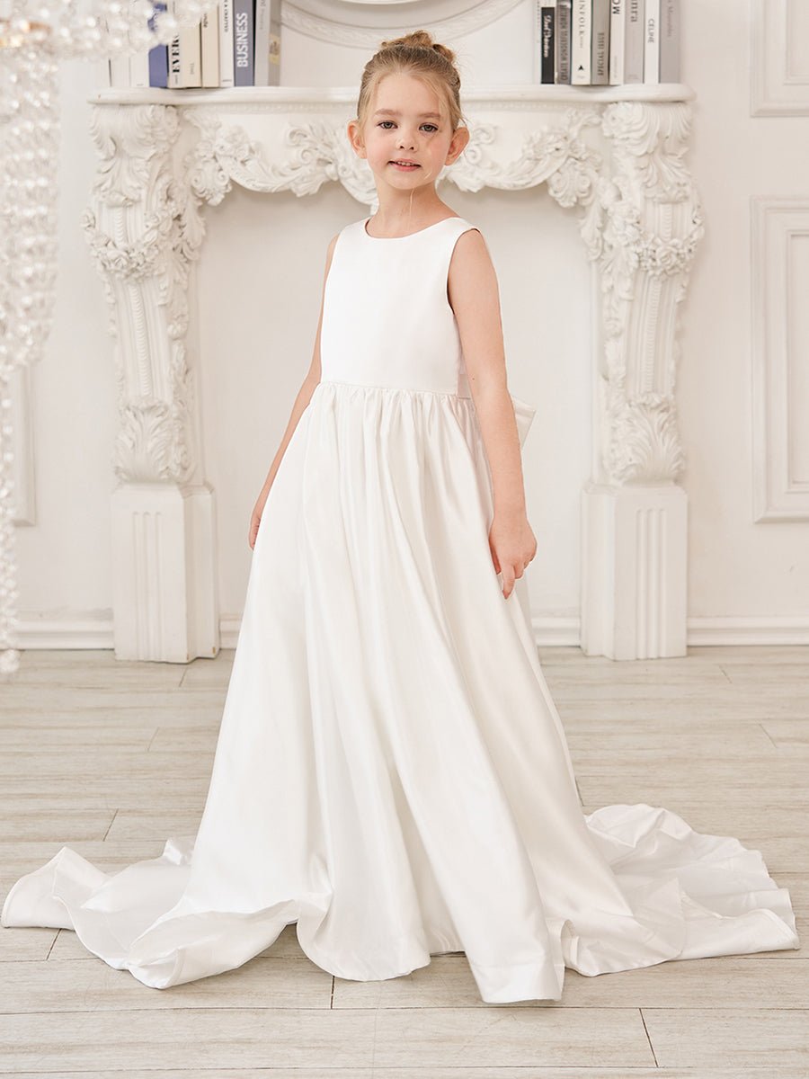 NumberSea - A - Line Princess Sleeveless Satin Flower Girl Dress with Sweep Train and Bow