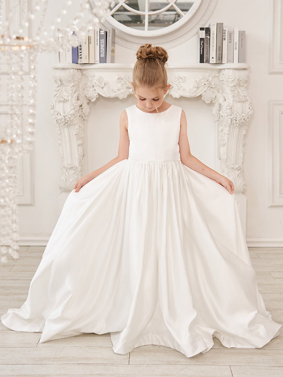 NumberSea - A - Line Princess Sleeveless Satin Flower Girl Dress with Sweep Train and Bow