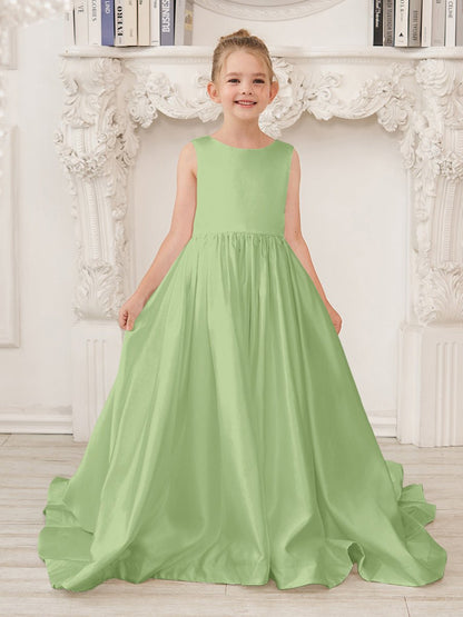 NumberSea - A - Line Princess Sleeveless Satin Flower Girl Dress with Sweep Train and Bow