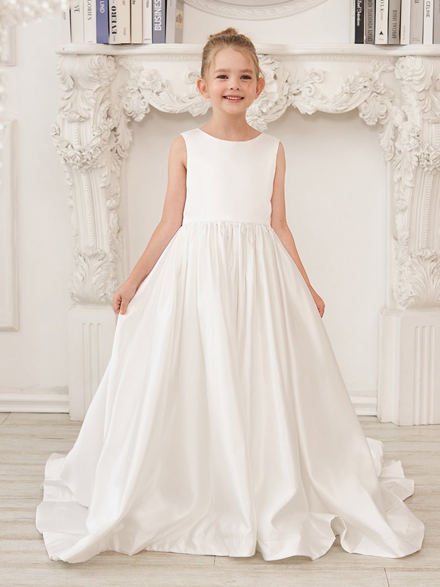 NumberSea - A - Line Princess Sleeveless Satin Flower Girl Dress with Sweep Train and Bow