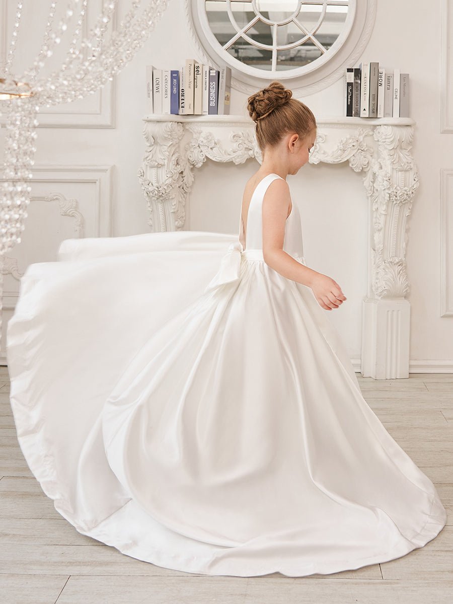 NumberSea - A - Line Princess Sleeveless Satin Flower Girl Dress with Sweep Train and Bow