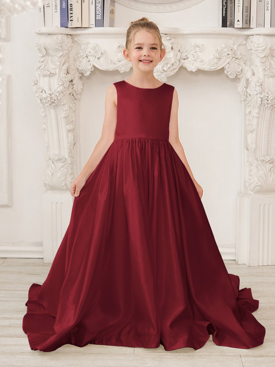 NumberSea - A - Line Princess Sleeveless Satin Flower Girl Dress with Sweep Train and Bow