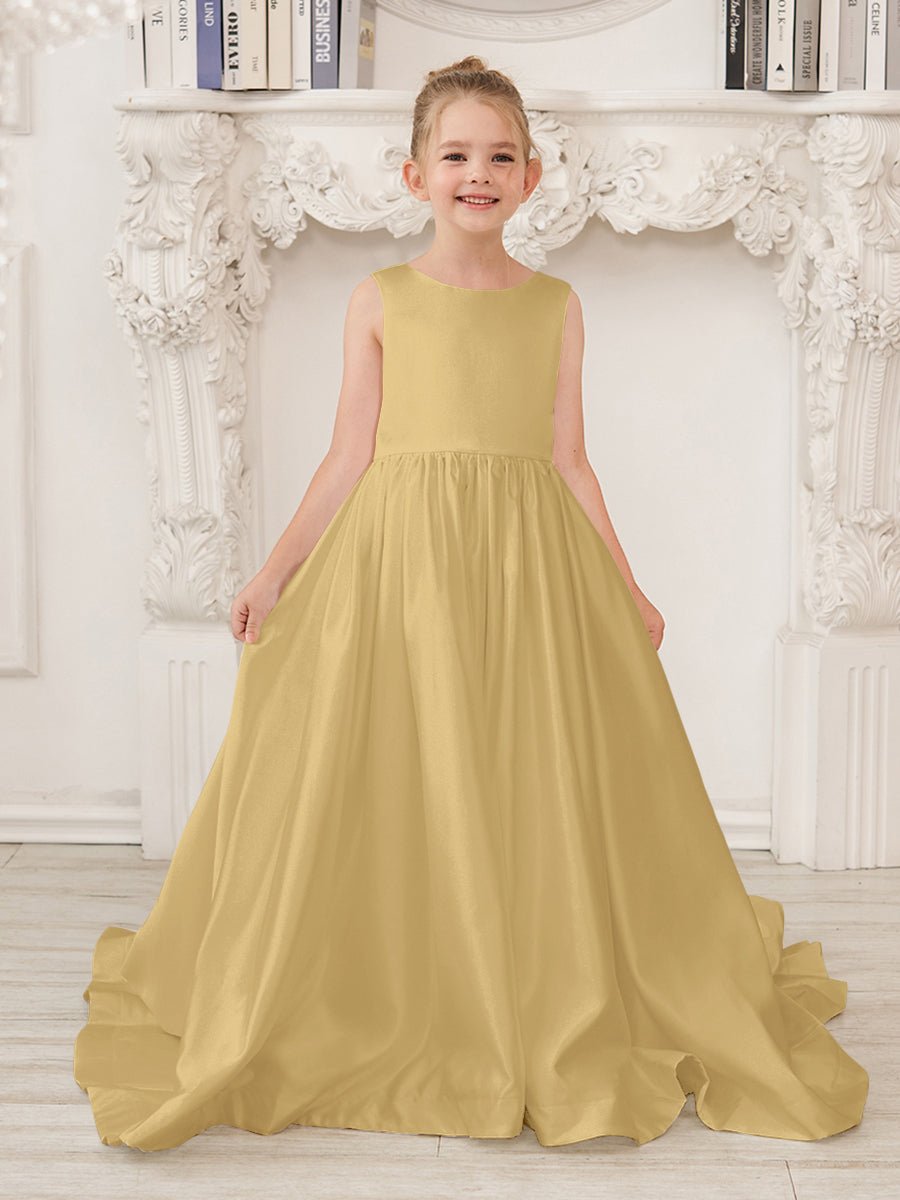 NumberSea - A - Line Princess Sleeveless Satin Flower Girl Dress with Sweep Train and Bow