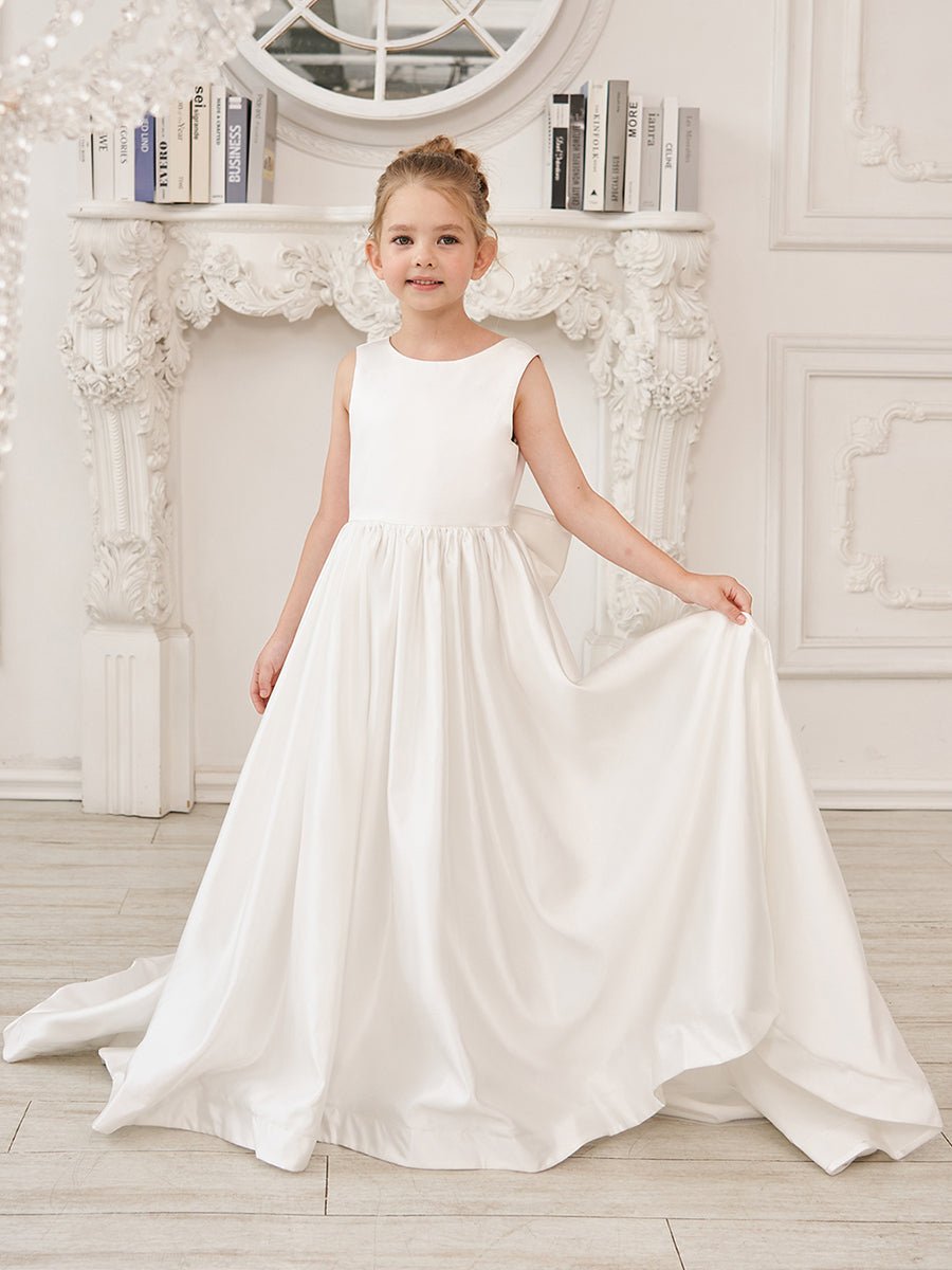 NumberSea - A - Line Princess Sleeveless Satin Flower Girl Dress with Sweep Train and Bow