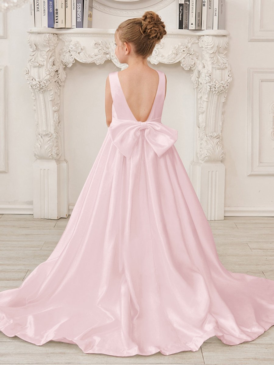 NumberSea - A - Line Princess Sleeveless Satin Flower Girl Dress with Sweep Train and Bow